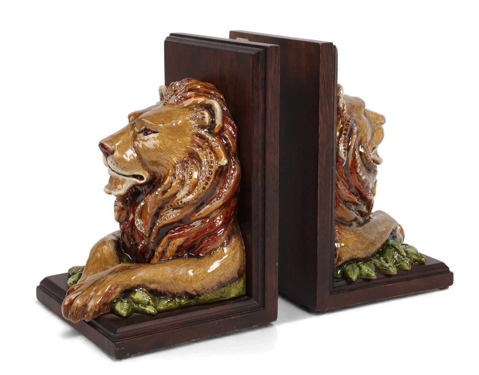 A pair of Jay Strongwater jeweled enamel lionhead bookends: Arkin, Modern: A pair of Jay Strongwater jeweled enamel lionhead bookends: ArkinModernEach with maker?s plaque, hand signed and dated Jay Strongwater 2010.height 8in (20cm); width 5 1/2in (14cm); depth 5 1/2in (14cm