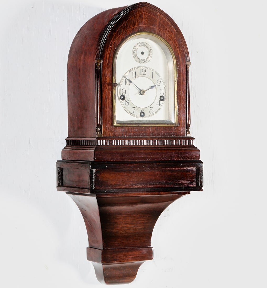 An Edward VII inlaid mahogany miniature quarter chiming bracket clock on bracket, Early 20th century (1 of 5)