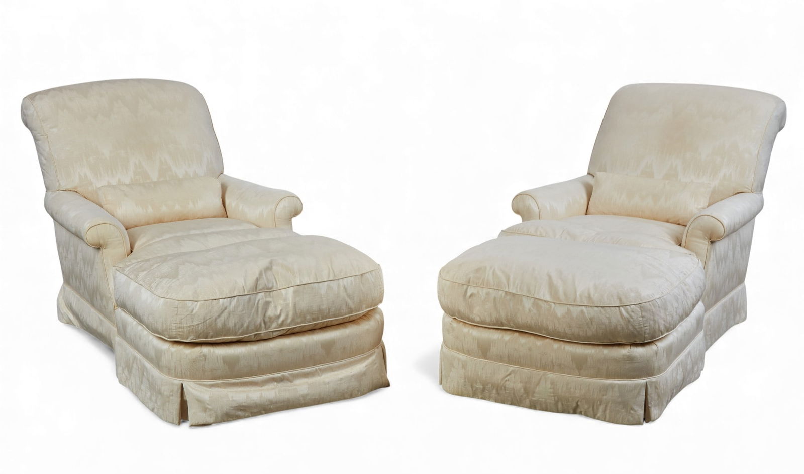 A pair of Randolph & Hein silk upholstered arm chairs with matching ottomans (1 of 5)