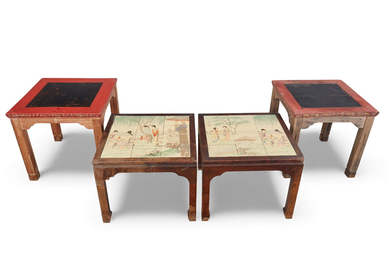 Two pairs of Chinese square side tables: Two pairs of Chinese square side tables one pair with hand painted title inset Table with tile: height 17 x width 21 x length 21 in. (43.2 x 53.3 x 53.3 cm.)