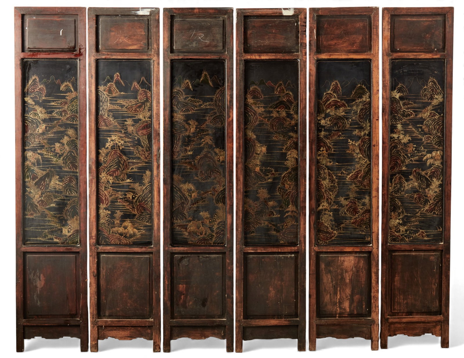 A Chinese six panel lacquered wood screen with, hardstone inlays. (1 of 8)
