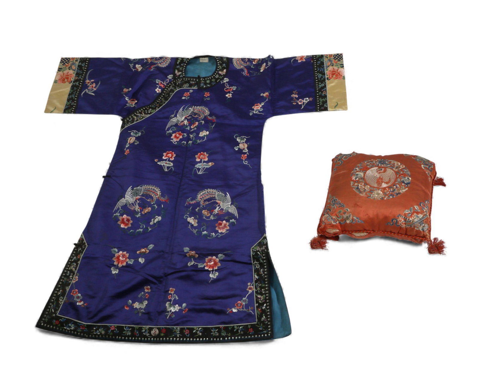 A blue silk embroidered Chinese ladies robe together with a square pillow (1 of 5)