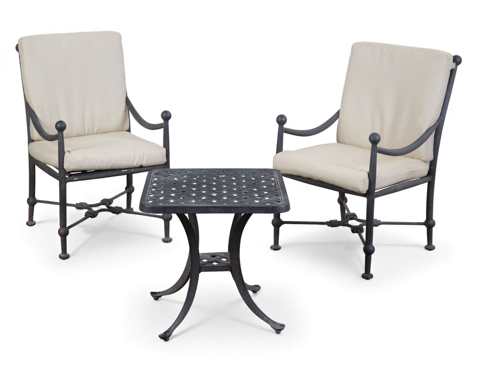 A pair of outdoor armchairs together with an associated side table (1 of 9)