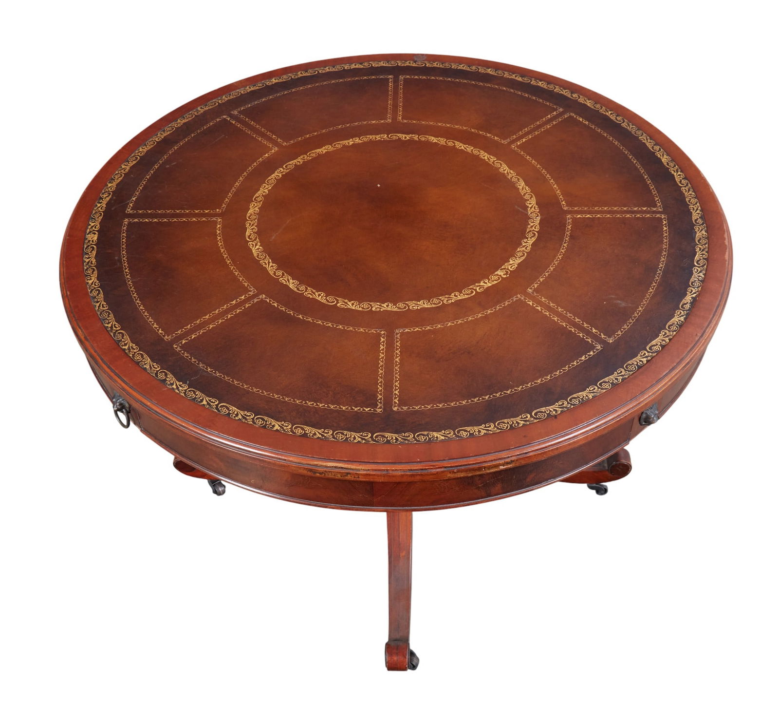 A regency style mahogany coffee table with tooled leather top on casters (1 of 6)