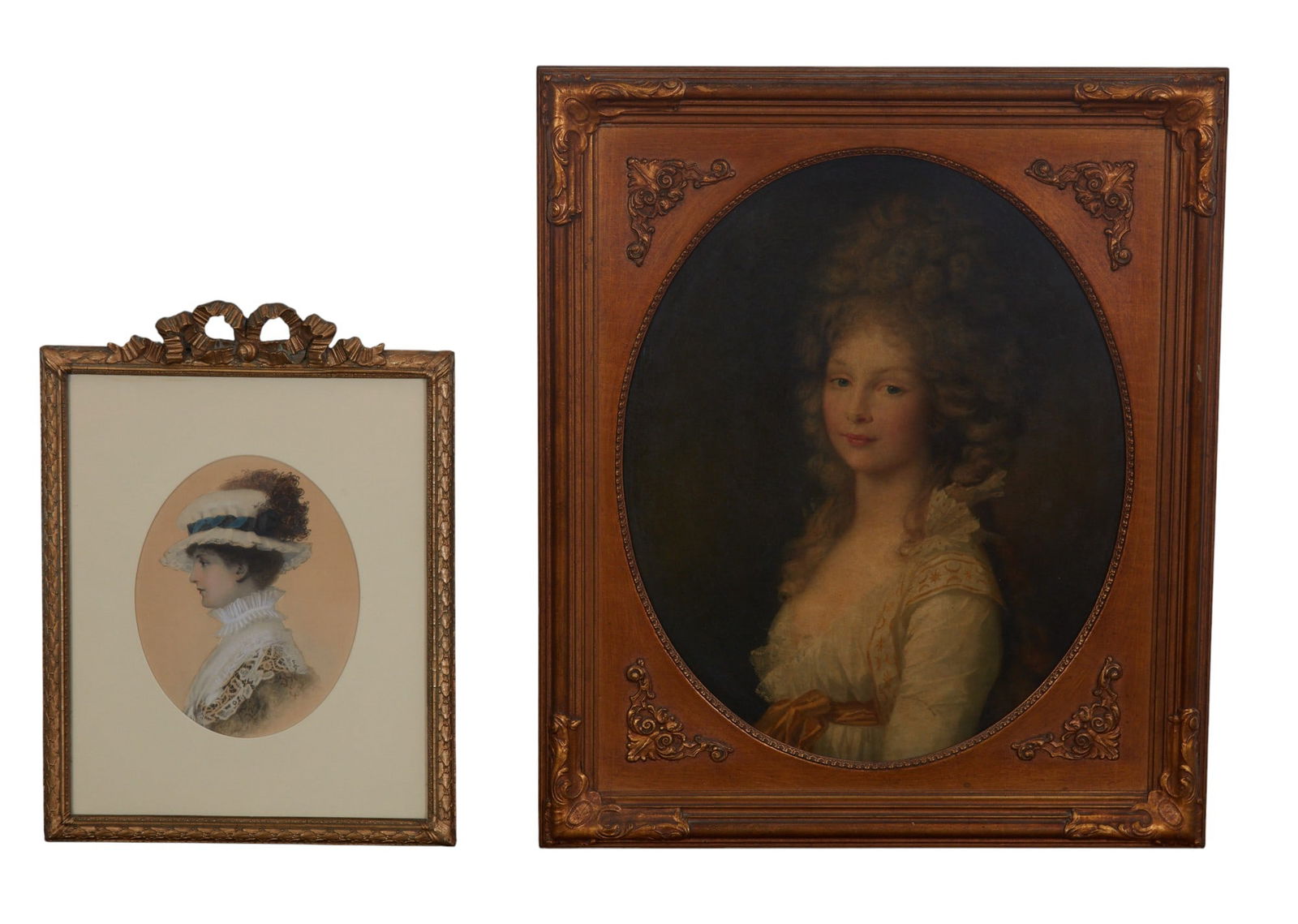 A portrait painting together with a hand colored print of a lady with a hat (1 of 7)