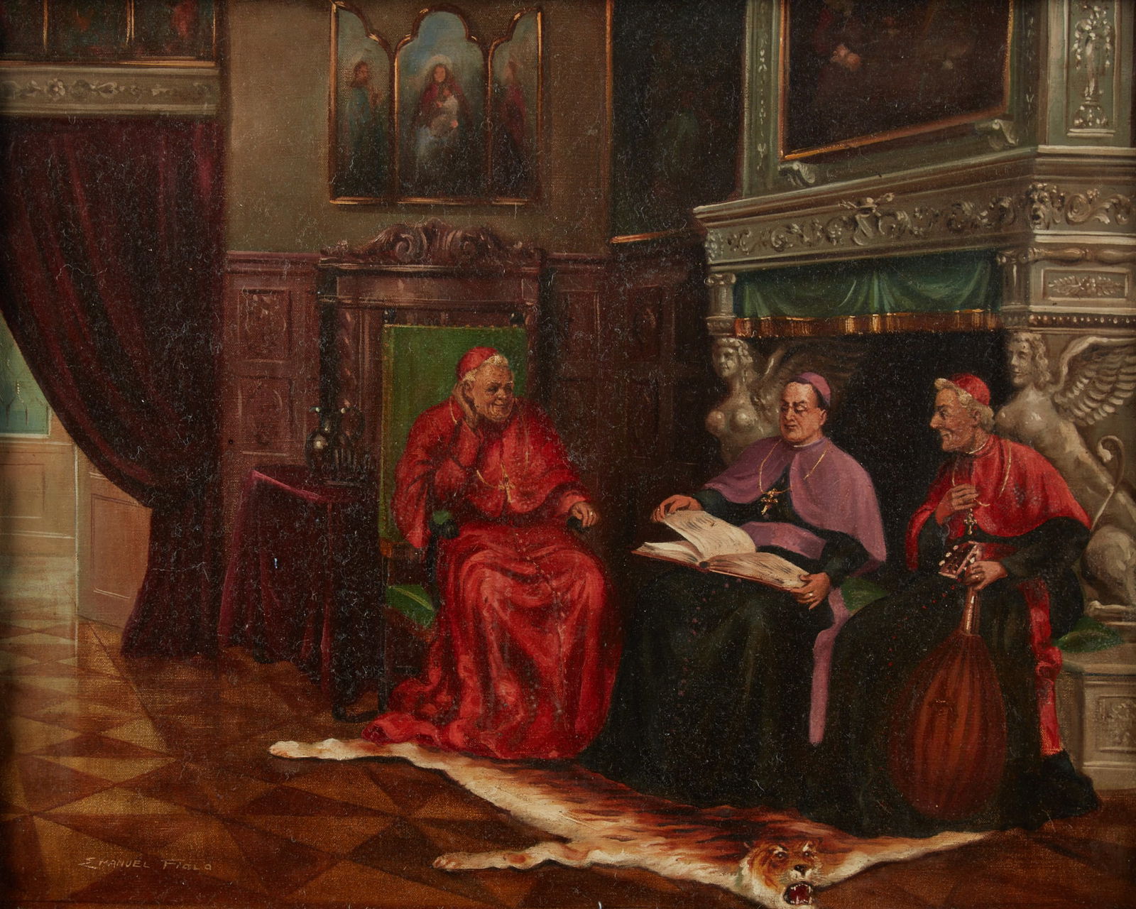 Emanuel Fiala (Austrian, b. 1892), Fireside meeting, oil on canvas, 16 x 20in (41 x 51cm) (1 of 4)