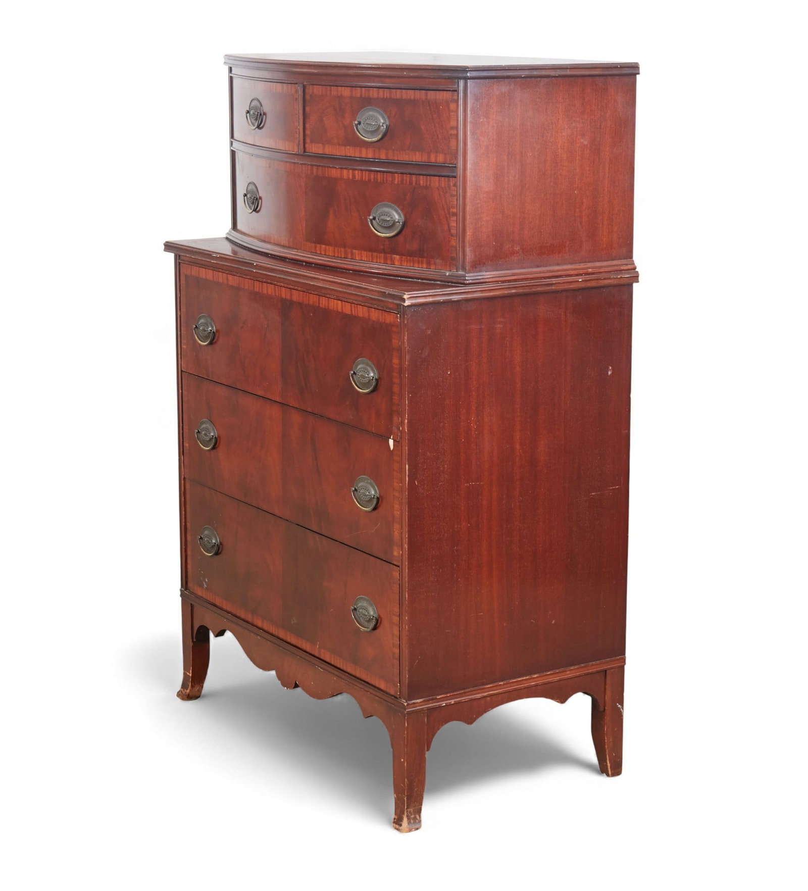 A mahogany cabinet with six drawers and satin band border: A mahogany cabinet with six drawers and satin band border height 53 x width 35 x depth 20 in. (134.6 x 88.9 x 50.8 cm.)