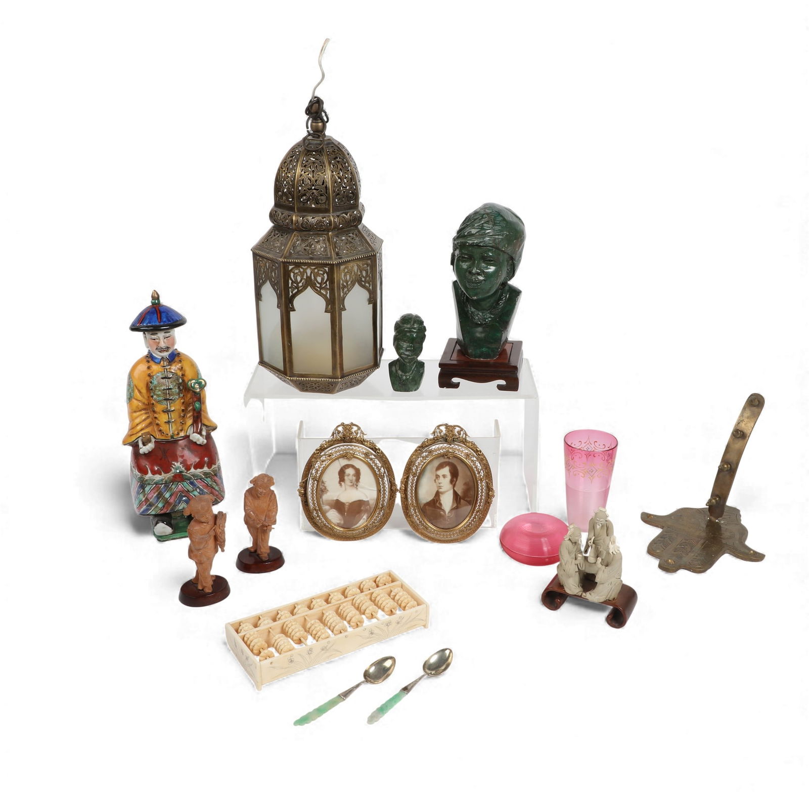 A group of fifteen decorative items including a brass lantern, carved bust of a lady amongst other: A group of fifteen decorative items including a brass lantern, carved bust of a lady amongst other items Lantern: height 13 x width 6 in. (33 x 15.2 cm.)