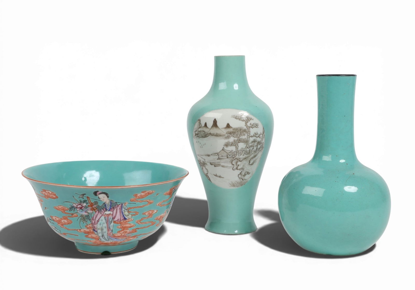 Three Chinese turquoise ground porcelain table decorations (1 of 5)
