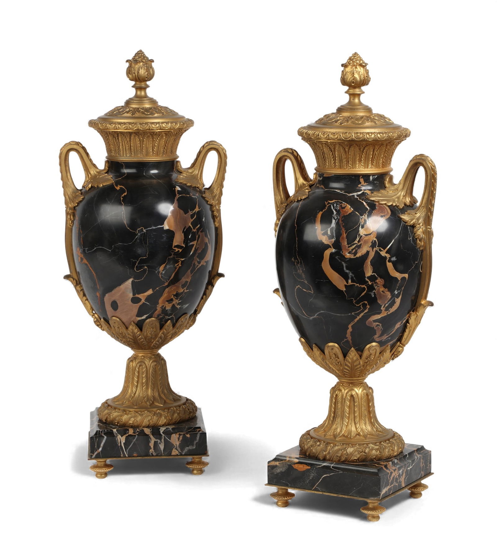 A pair of Louis XVI style gilt metal mounted marble urns, 20th century (1 of 4)