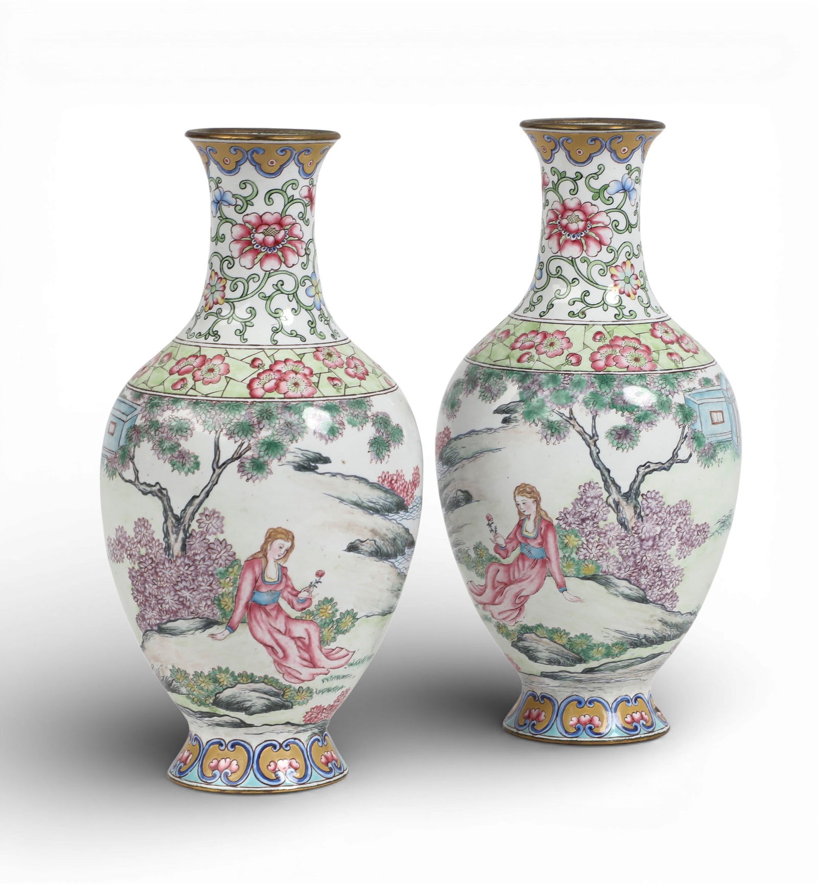A pair of Chinese Export Famille Rose enamel vases with European figural decoration (1 of 3)