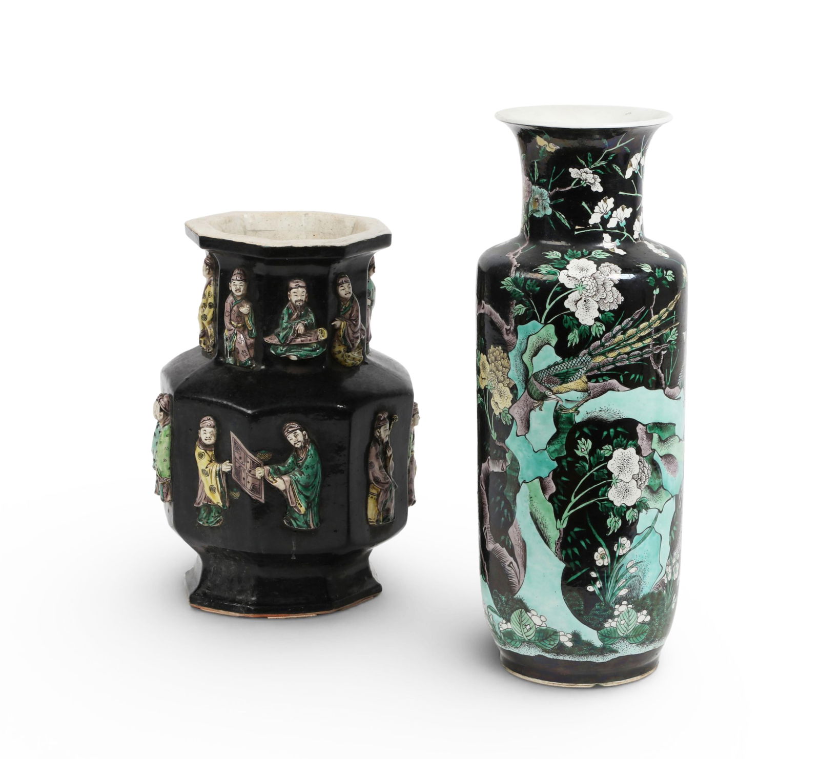 Two Chinese Famille Noir ceramic vases: Two Chinese Famille Noir ceramic vasesComprising an immortals octagonal vase with characters to underside and the other with a blue double circle mark to underside.largest 17 1/2in (44.5cm); width 7in