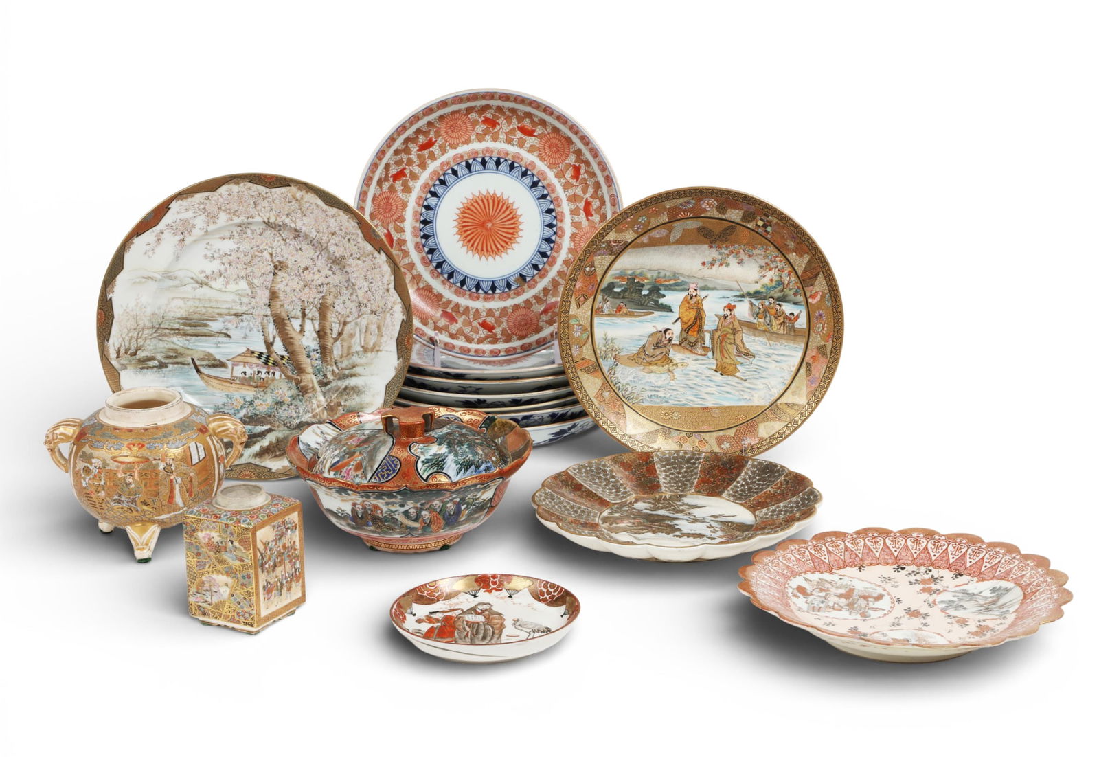 A group of fifteen Japanese Satsuma, Imari and Kutani porcelain tablewares (1 of 8)