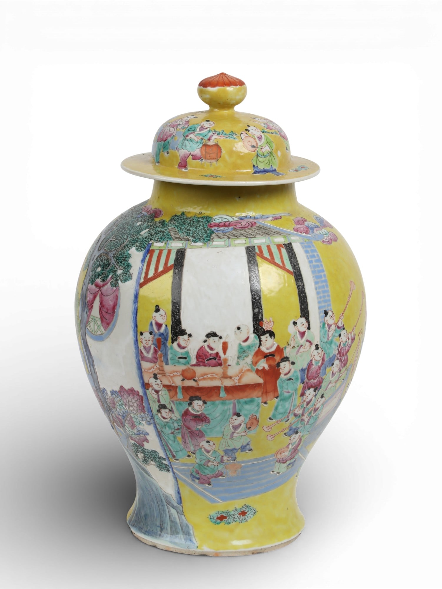 A Chinese Famille Rose yellow ground porcelain covered jar (1 of 4)