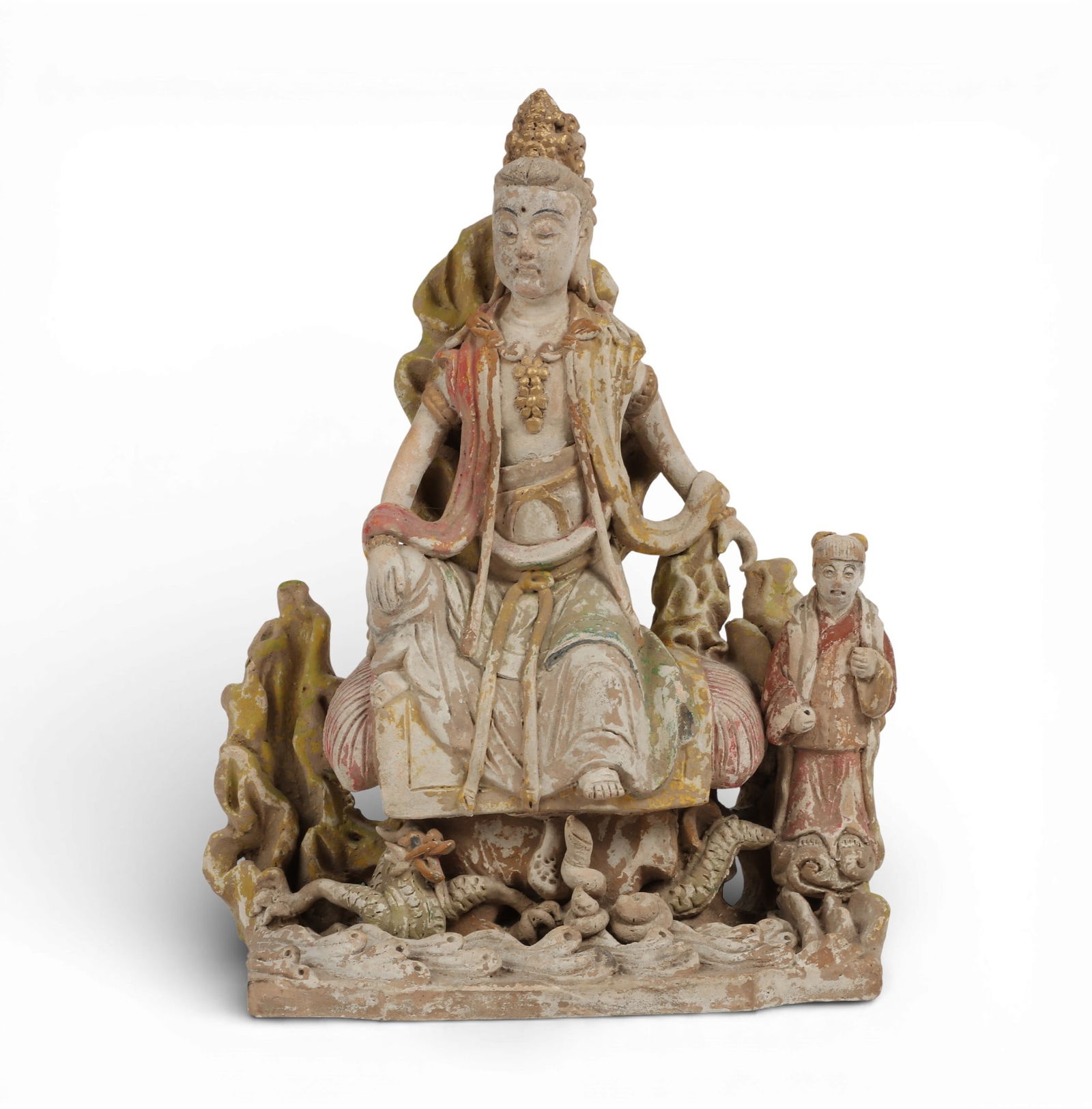 An Asian parcel gilt painted earthenware model of Guanyin with attendants: An Asian parcel gilt painted earthenware model of Guanyin with attendantsheight 12 3/4in (32.5cm); width 10in (25.5cm); depth 5 1/2in (14cm) Provenance:Property from a Private Collection, San Francisc