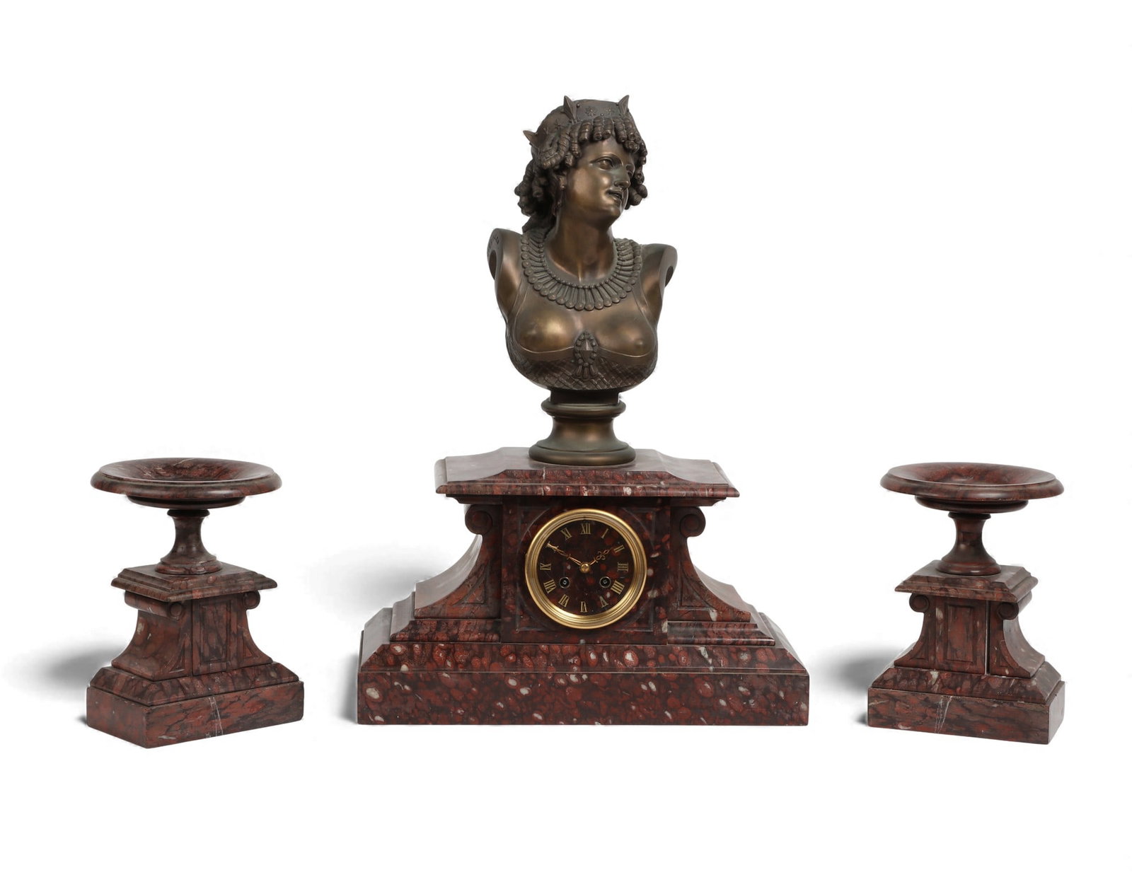 A French rouge marble and patinated bronze clock garniture, circa 1900 (1 of 6)