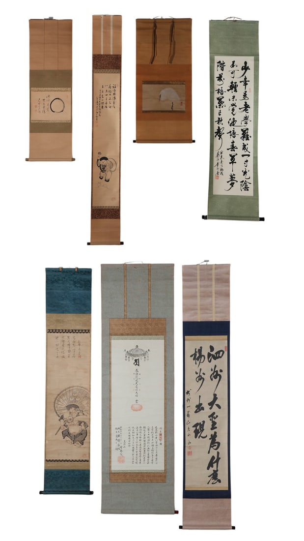 Seven Japanese calligraphy, Zen and other scrolls: Seven Japanese calligraphy, Zen and other scrollsVarying inscriptions and seals.largest image 35 3/4 x 14 1/2in (91 x 37cm); overall 68 1/2 x 20in (174 x 51cm)