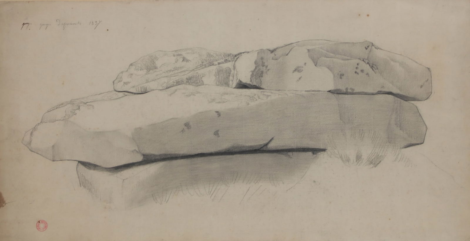 Continental School (19th century), Rock formation, pencil on paper, 9 1/4 x 17 1/2in (23.5 x 45cm): Continental School(19th century)Rock formationpencil on paperwith inscription and date 1837? upper left and collection stamp lower left corner9 1/4 x 17 1/2in (23.5 x 45cm)