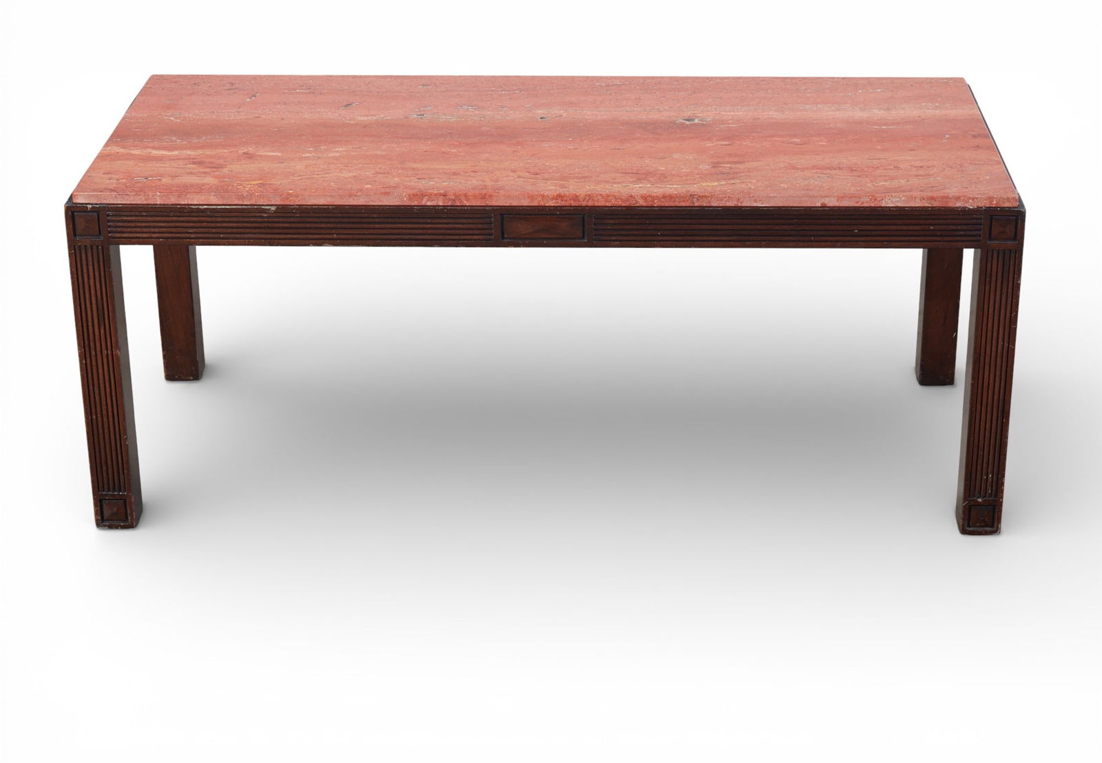 A Ted Graber designed mahogany and rojo alicante marble low table, mid 20th century: A Ted Graber designed mahogany and rojo alicante marble low tablemid 20th centuryheight 18 3/4in (47cm); width 48in (120cm); depth 21in (52.5cm) Footnote:Possibly an original design by Billy Haines.