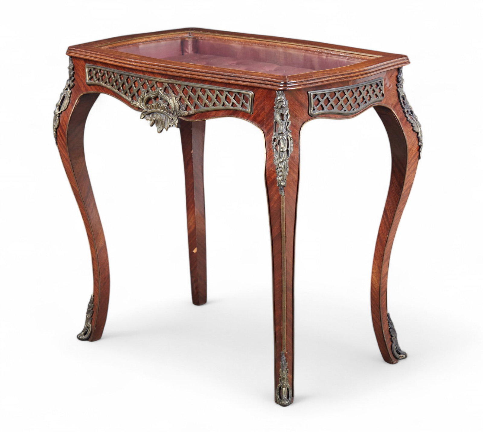 A Louis XV style bronze mounted stained beechwood vitrine table, post 1950: A Louis XV style bronze mounted stained beechwood vitrine table post 1950 height 31 3/4in (81cm); width 32 1/2in (82cm); depth 20 1/2in (52cm)