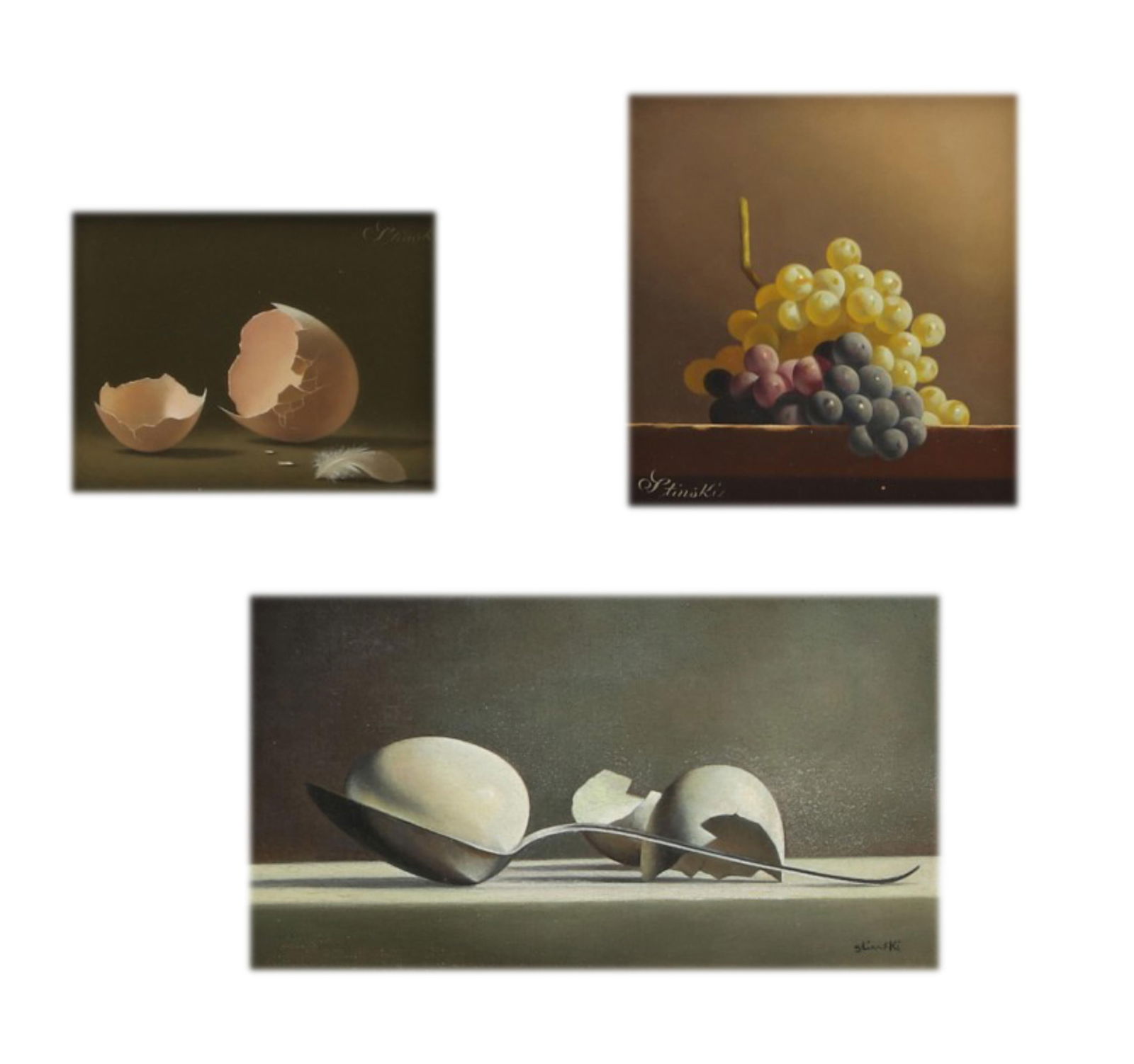 Paul Gerald Stinski, Eggshell, grapes and eggs, three still life studies, oil on masonite: Paul Gerald Stinski(American, 1929-2015)Eggshell, grapes and eggs, three still life studiesoil on masoniteLargest framed: 8 x 11 1/2 in. (20.3 x 29.2 cm.)
