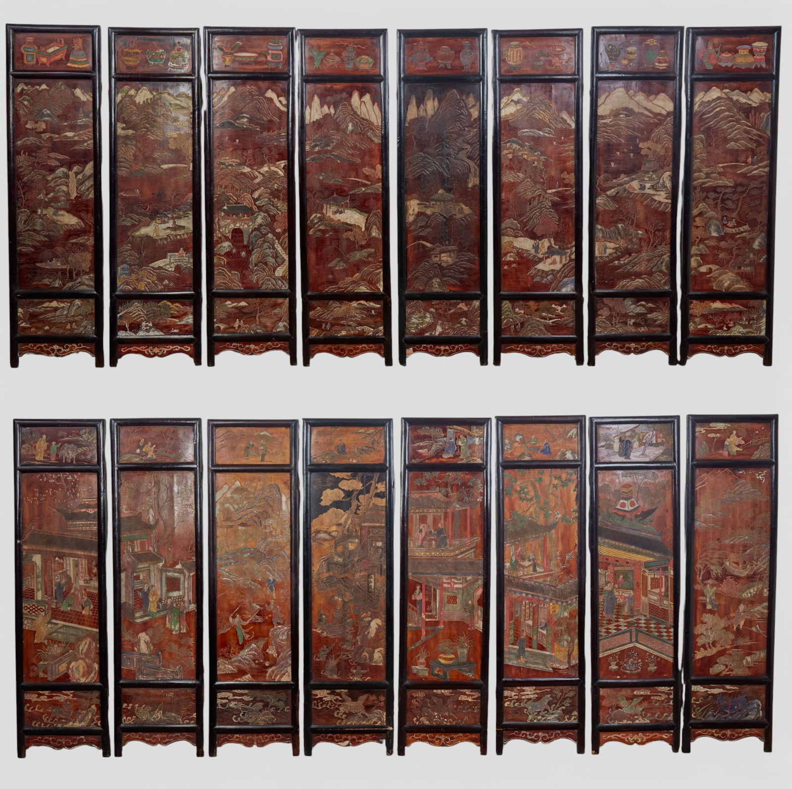 A Chinese lacquered eight panel floor screen (1 of 13)