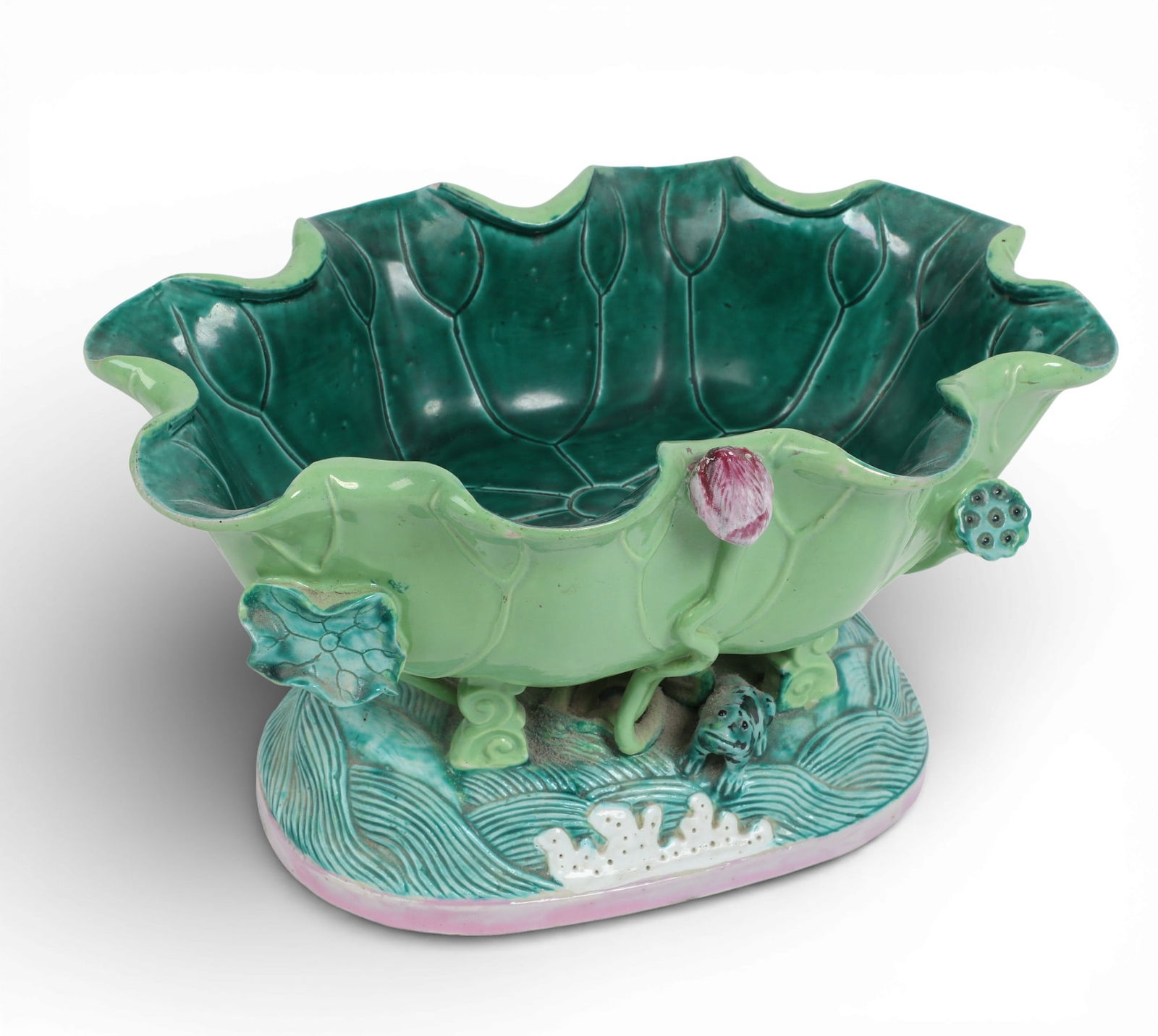A Chinese Famille Rose ceramic lotus shaped footed bowl: A Chinese Famille Rose ceramic lotus shaped footed bowlheight 6 1/4in (16cm); width 10 1/2in (27cm); depth 7 1/4in (18.5cm) Provenance:Property from a Private Collection, San Francisco, California.