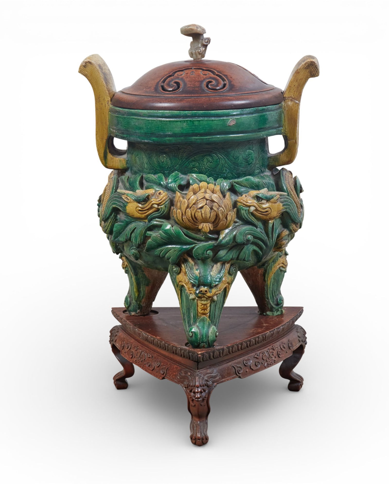 A large Chinese sancai glazed tripod censer and stand (1 of 4)