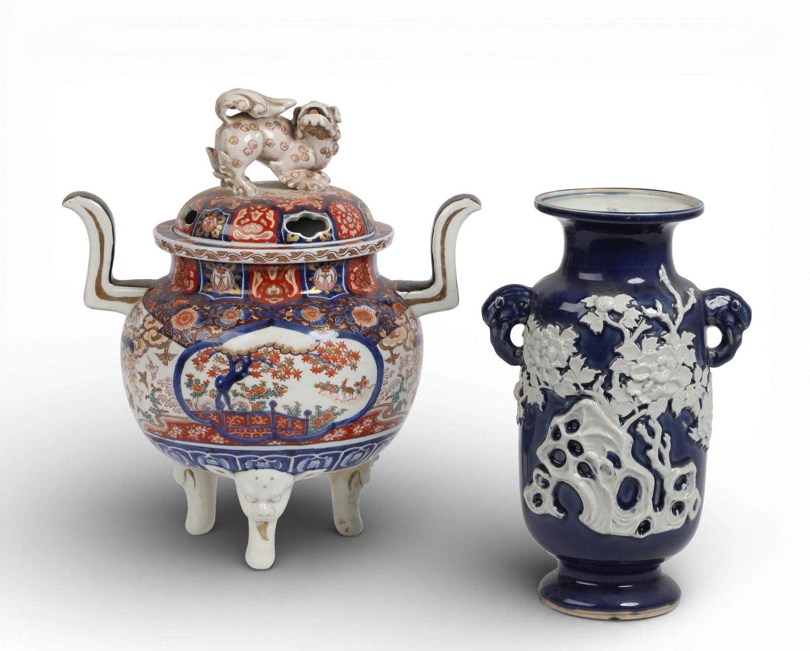 Two Japanese ceramic vessels: Two Japanese ceramic vesselsComprising an Imari koro and a blue ground and white vase.height of koro 18in (46cm); width 15 1/2in (39.5cm); depth 11in (28cm) Provenance:Property from a Private Collect
