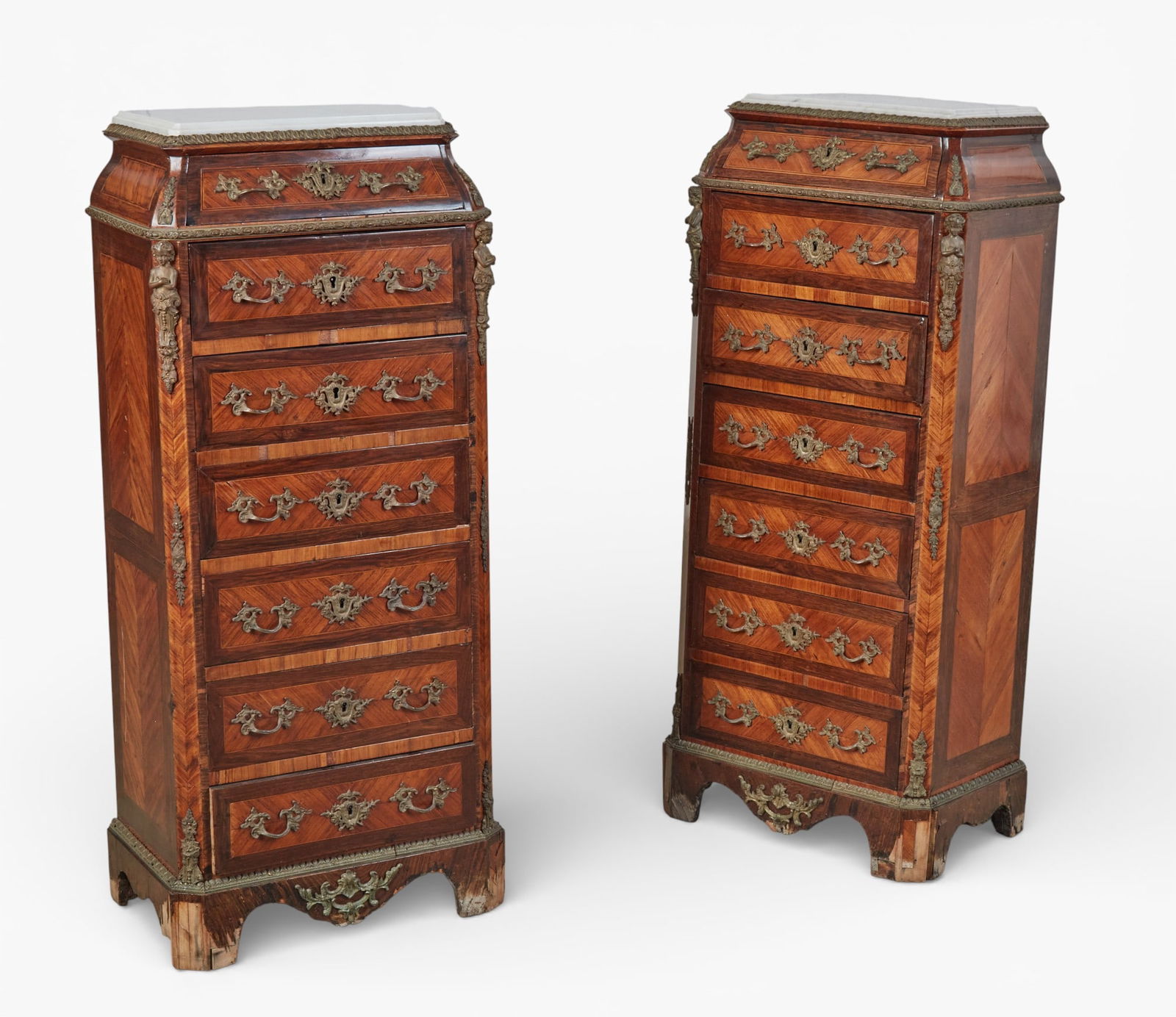 A pair of Louis XV style gilt bronze mounted kingwood and tulipwood semainiers, early 20th century (1 of 8)