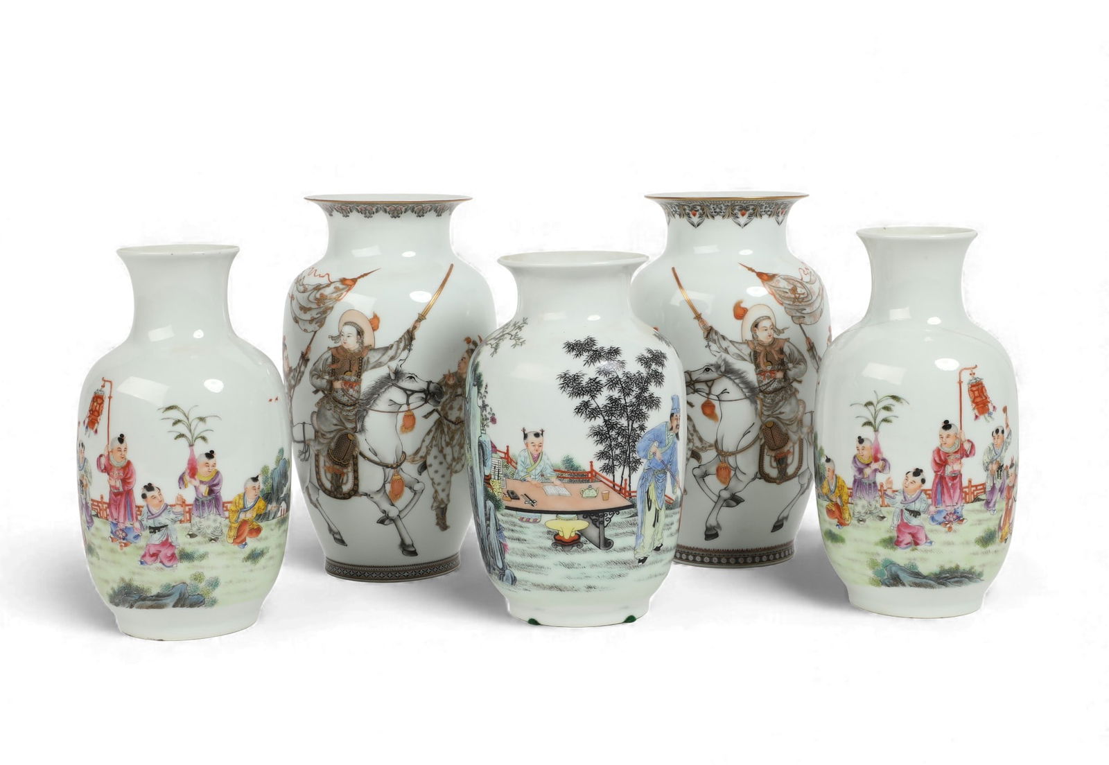 Two pairs of Chinese enameled porcelain vases: Two pairs of Chinese enameled porcelain vasesOne pair depicting warriors on horseback with red character seal to underside, the other Famille Rose pair with young children at play in a garden with blu
