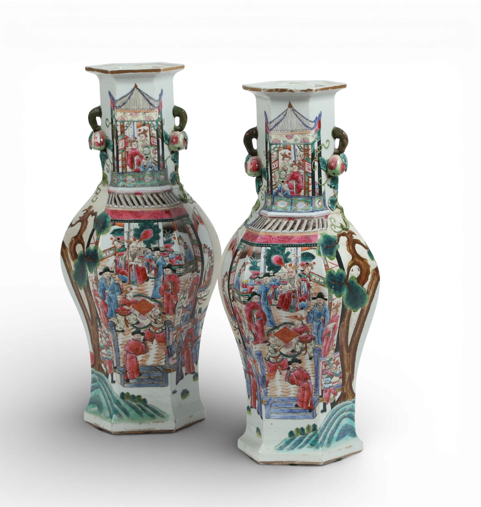 A pair of Chinese Famille Rose porcelain hexagonal baluster vases (1 of 4)