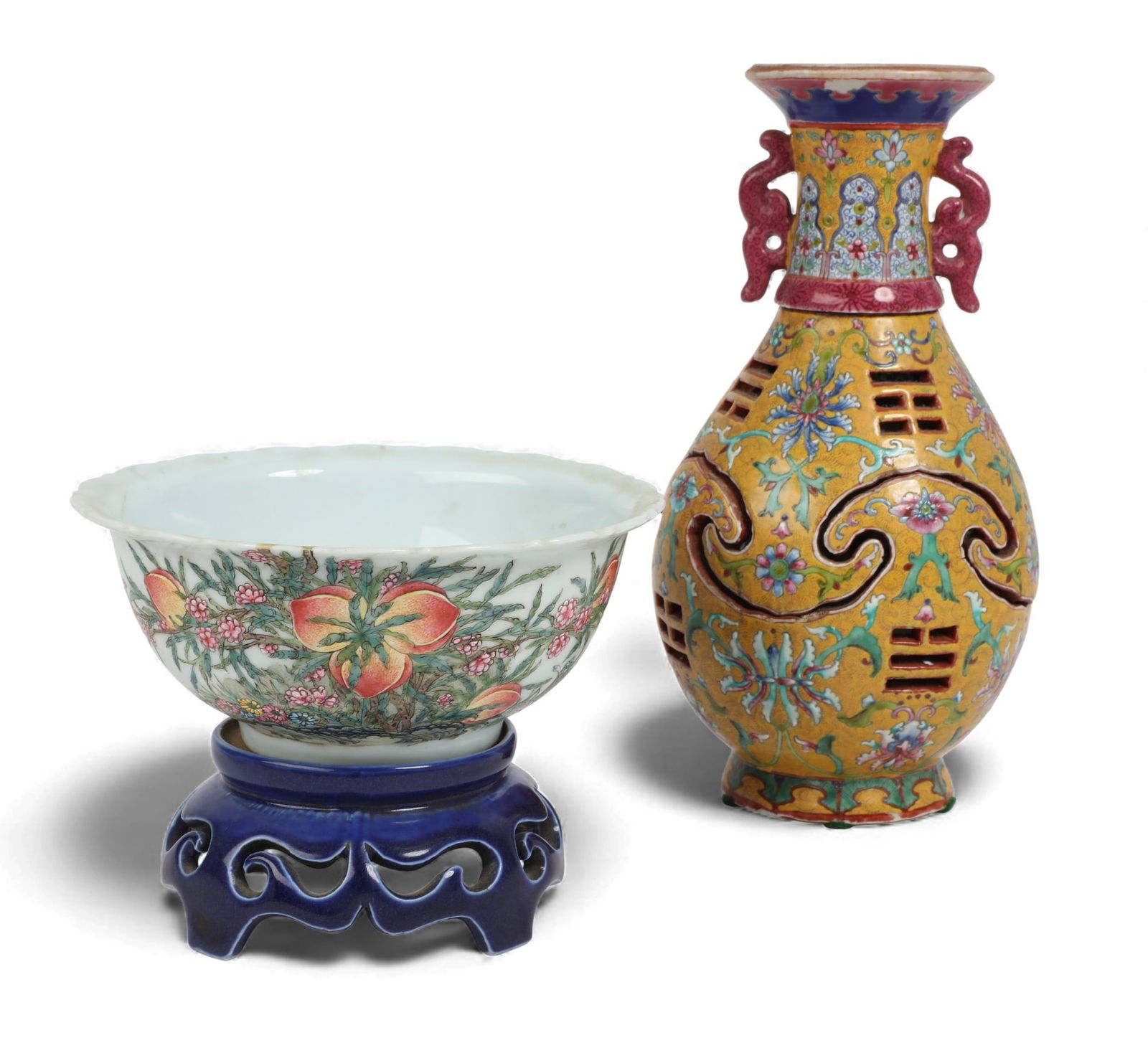 A Chinese porcelain trigram vase and a rotating bowl on stand: A Chinese porcelain trigram vase and a rotating bowl on standComprising a Chinese yellow ground yangcia 'trigram' reticulated vase, and a peach and flower enameled porcelain rotating bowl on stand, ea