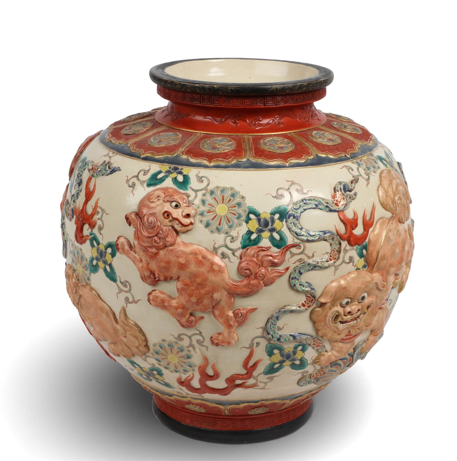 A Japanese Kutani dragon jar: A Japanese Kutani dragon jarWith relief molded decoration and painted characters to underside.height 15 1/2in (39cm); diameter 15in (38cm) Provenance:Property from a Private Collection, San Francisco