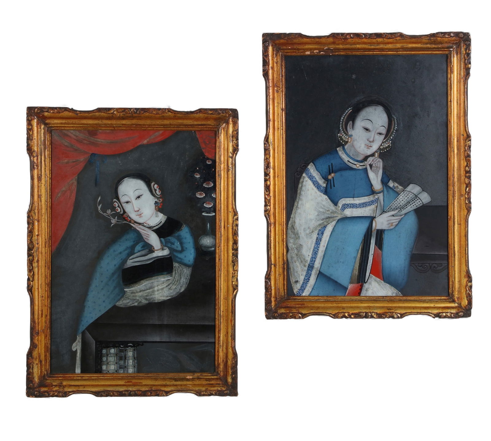 Two Chinese Export reverse paintings on glass, portraits of two young women (1 of 4)