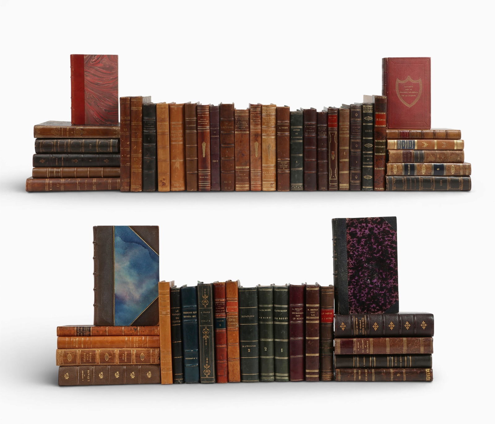 A group of fifty five mixed leather-bound books as bindings: A group of fifty five mixed leather-bound books as bindingslot includes 55 leather bound books some with decorative marbled boards, mostly in French.