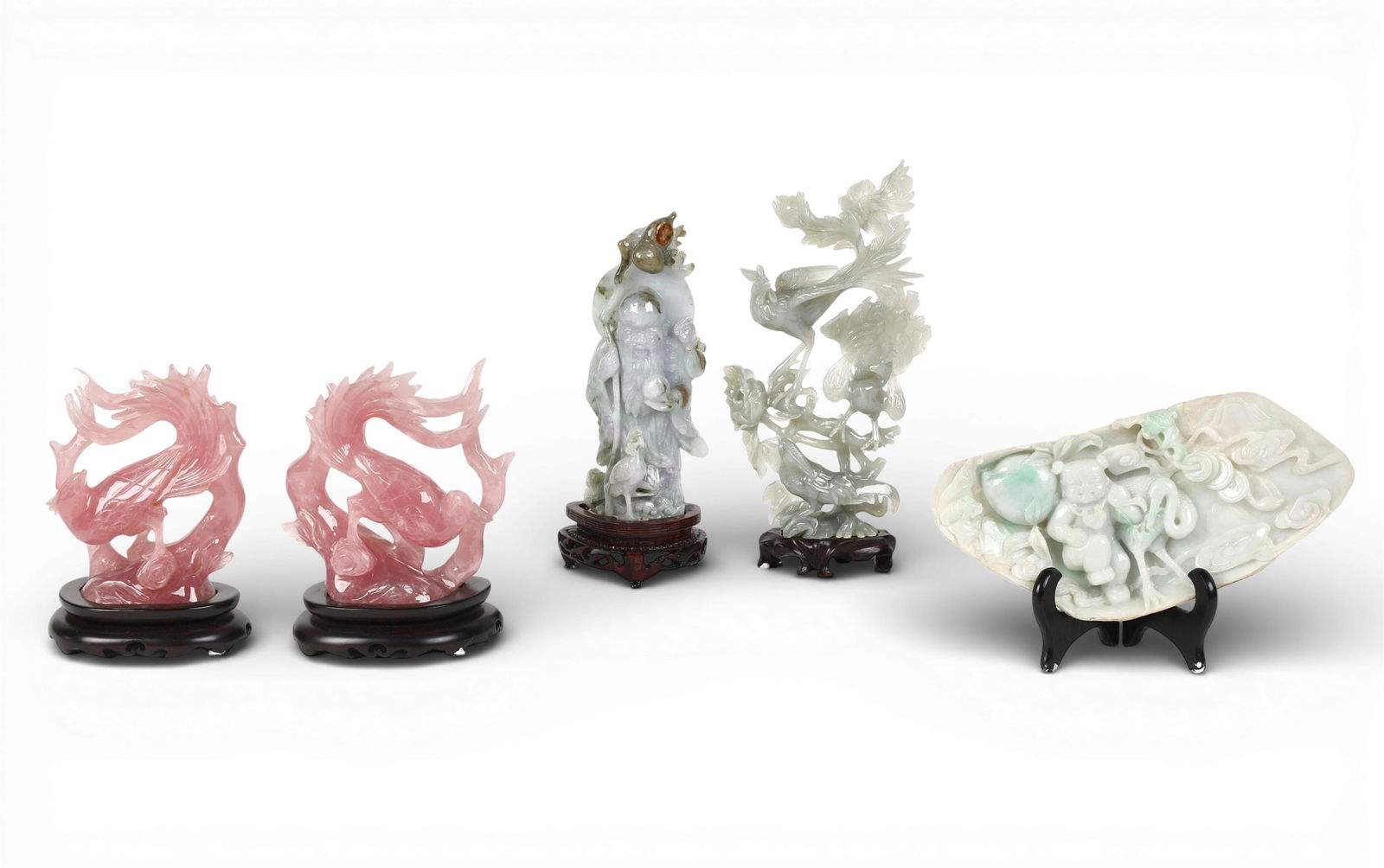 A group of five Chinese carved hardstone table decorations: A group of five Chinese carved hardstone table decorationsLargest; height 10 1/4in (26cm); width 5 1/2in (14cm); depth 2in (5cm) Provenance:Property from a Private Collection, Beverly Hills, Californi