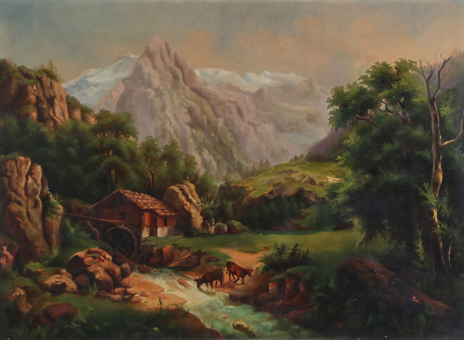 German School (19th century), Water mill nestled in the valley, oil on canvas, 22 x 30in (55 x 75cm): German School(19th century)Water mill nestled in the valleyoil on canvassigned lower right BAY.22 x 30in (55 x 75cm)
