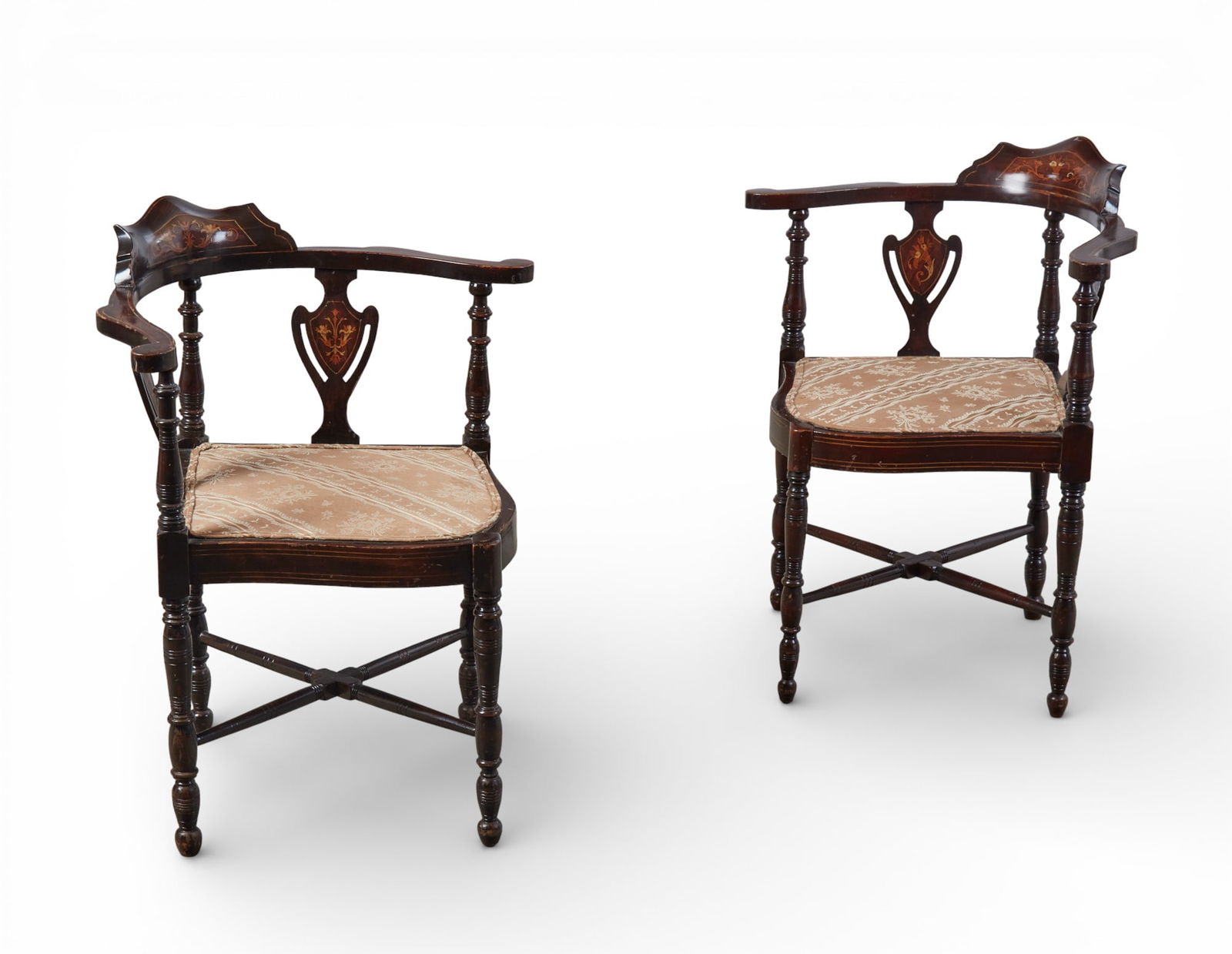 A pair of Edwardian marquetry inlaid corner chairs, early 20th century (1 of 6)