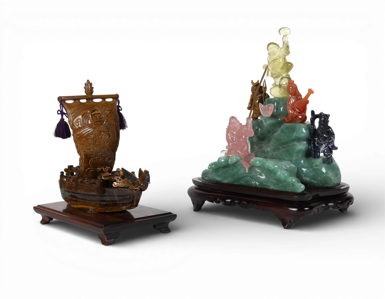 Two Chinese carved hardstone figural groups on hardwood stands (1 of 7)