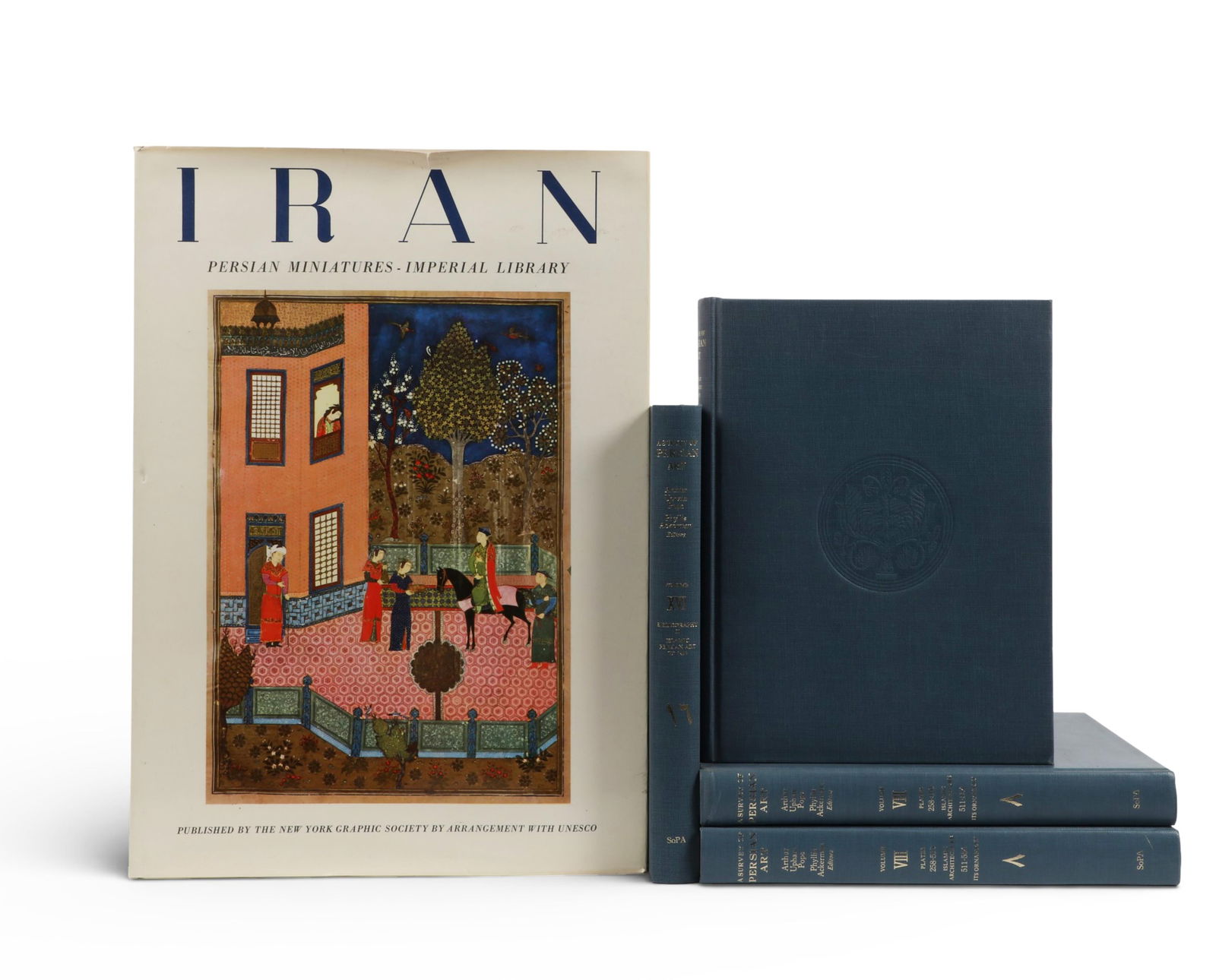 A group of five reference works on Persian art: A group of five reference works on Persian art lot includes: 1. Iran: Persian Miniatures--Imperial Library. Basil Gray: Andre Godard. Paris: UNESCO / NYGS, 1956. folio in dust jacket. color plates
