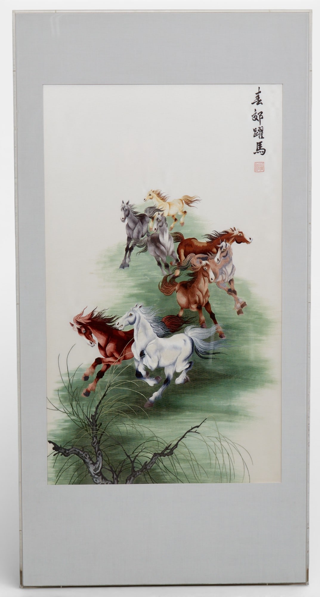 A Chinese silk embroidery of eight horses in lucite frame (1 of 5)