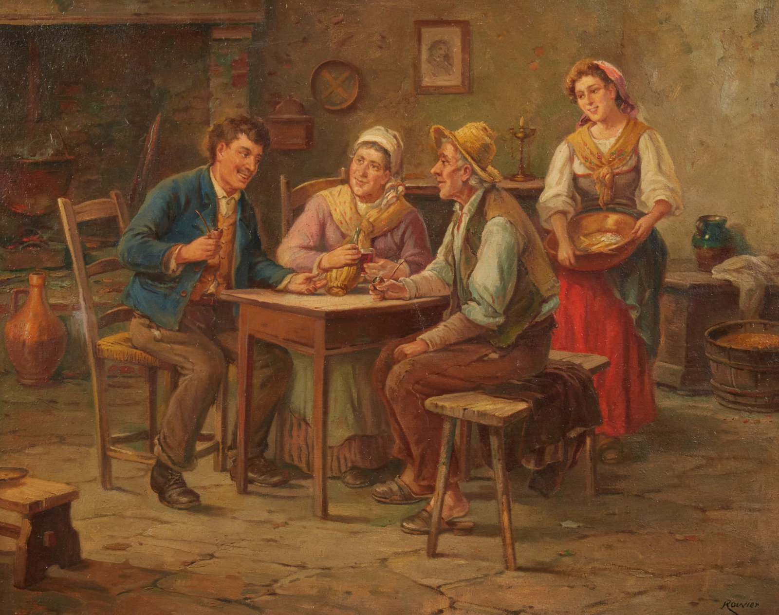 Continental School (20th century), An amicable conversation, oil on canvas, 24 x 30in (60 x 75cm): Continental School(20th century)An amicable conversationoil on canvassigned lower right Rouvier24 x 30in (60 x 75cm)