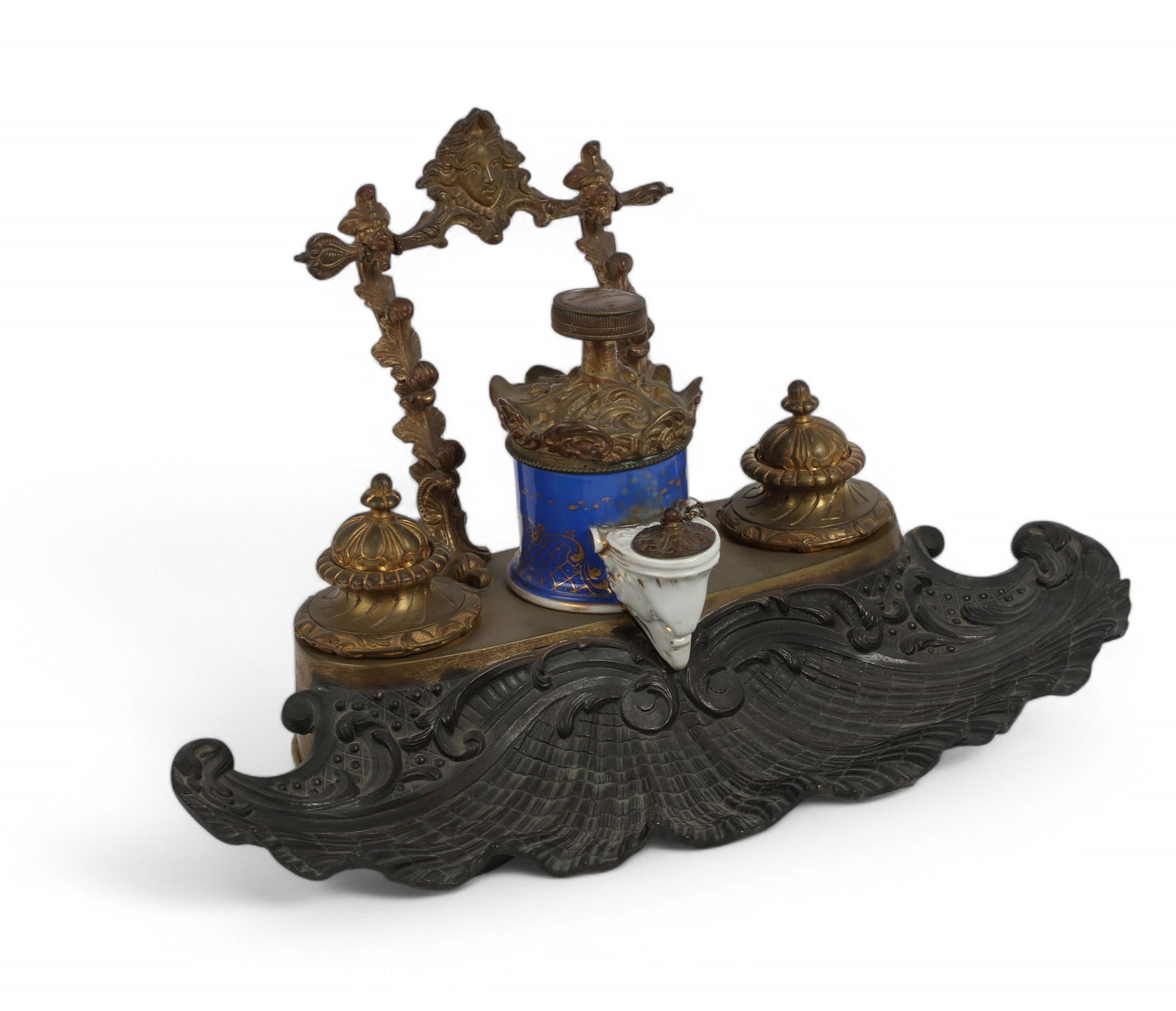 A Continental gilt and patinated bronze and porcelain inkstand, late 19th century (1 of 4)