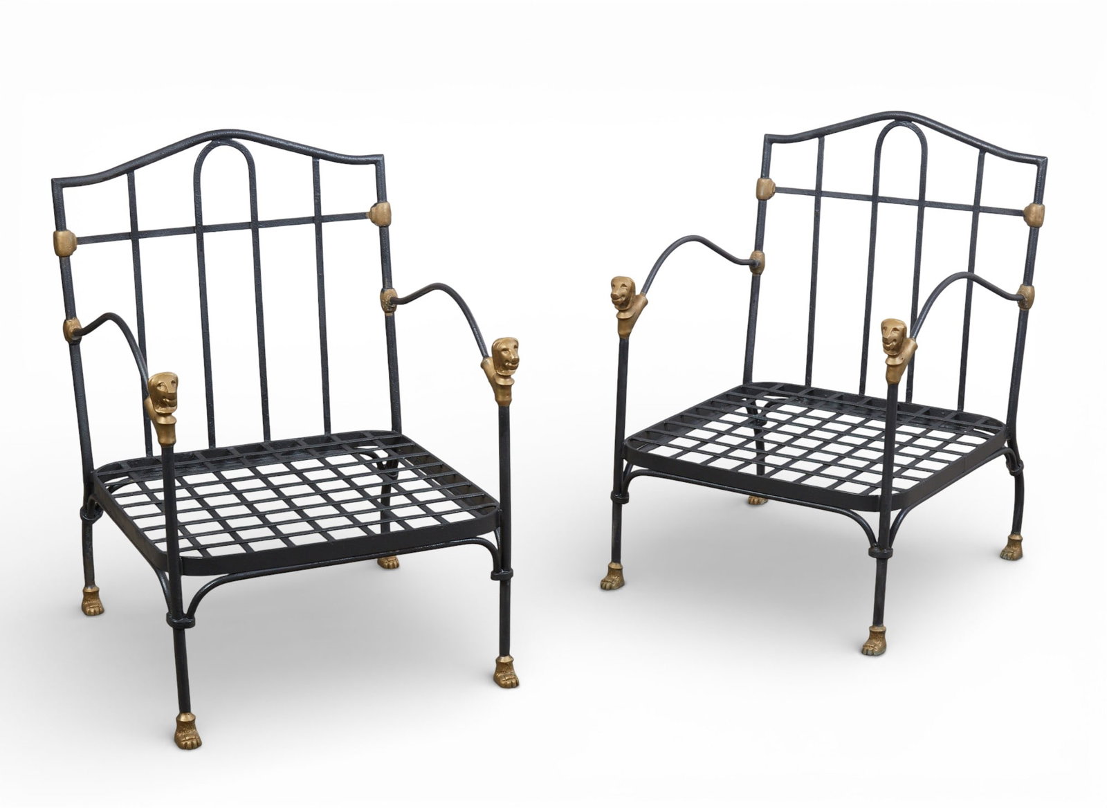 A pair of wrought iron arm chairs with lion head finials (1 of 8)