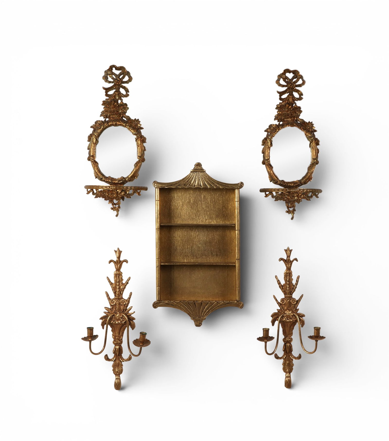 A pair of wall shelves together with a pair of two light wall sconces and a wall curio shelf (1 of 4)