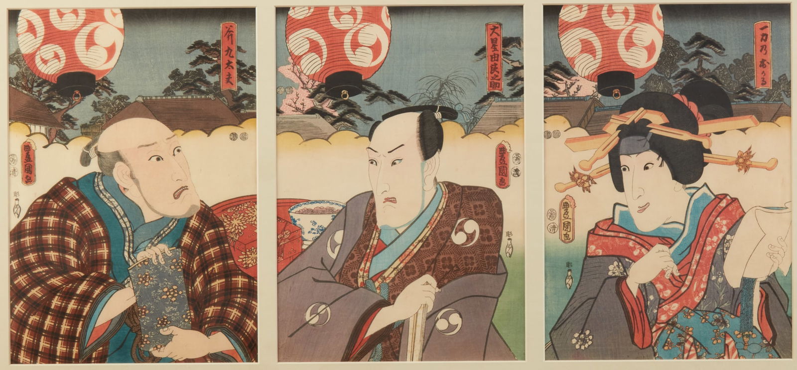 Utagawa Kunisada (Japan, (1786-1865), Three 19th century woodblock prints, woodblock prints on wove (1 of 6)