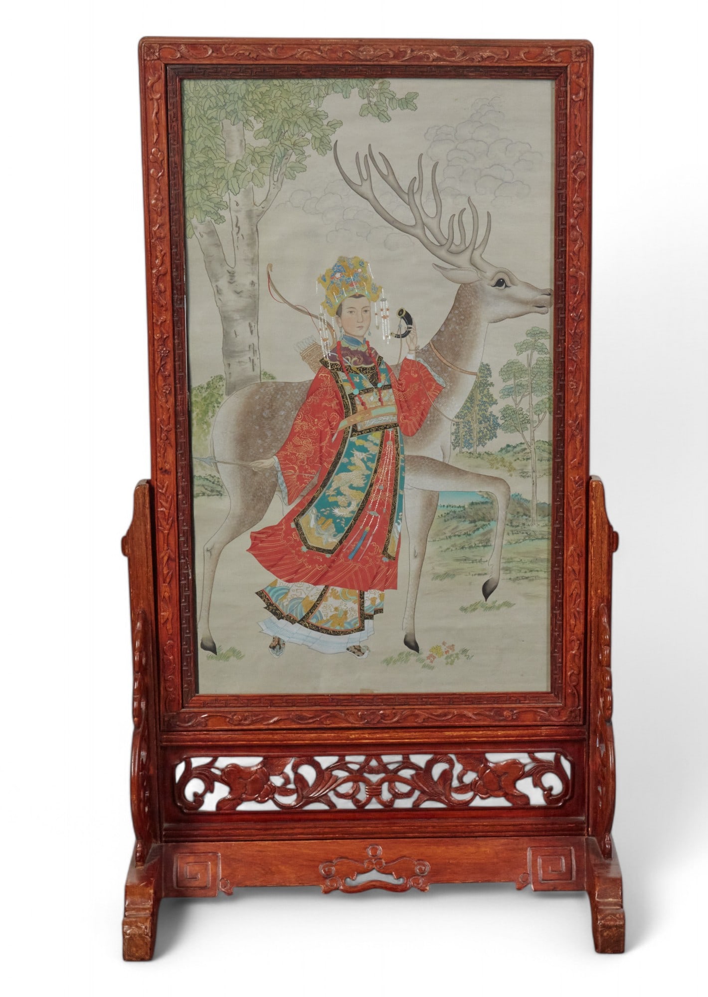 A Chinese painted silk and carved wood screen (1 of 5)