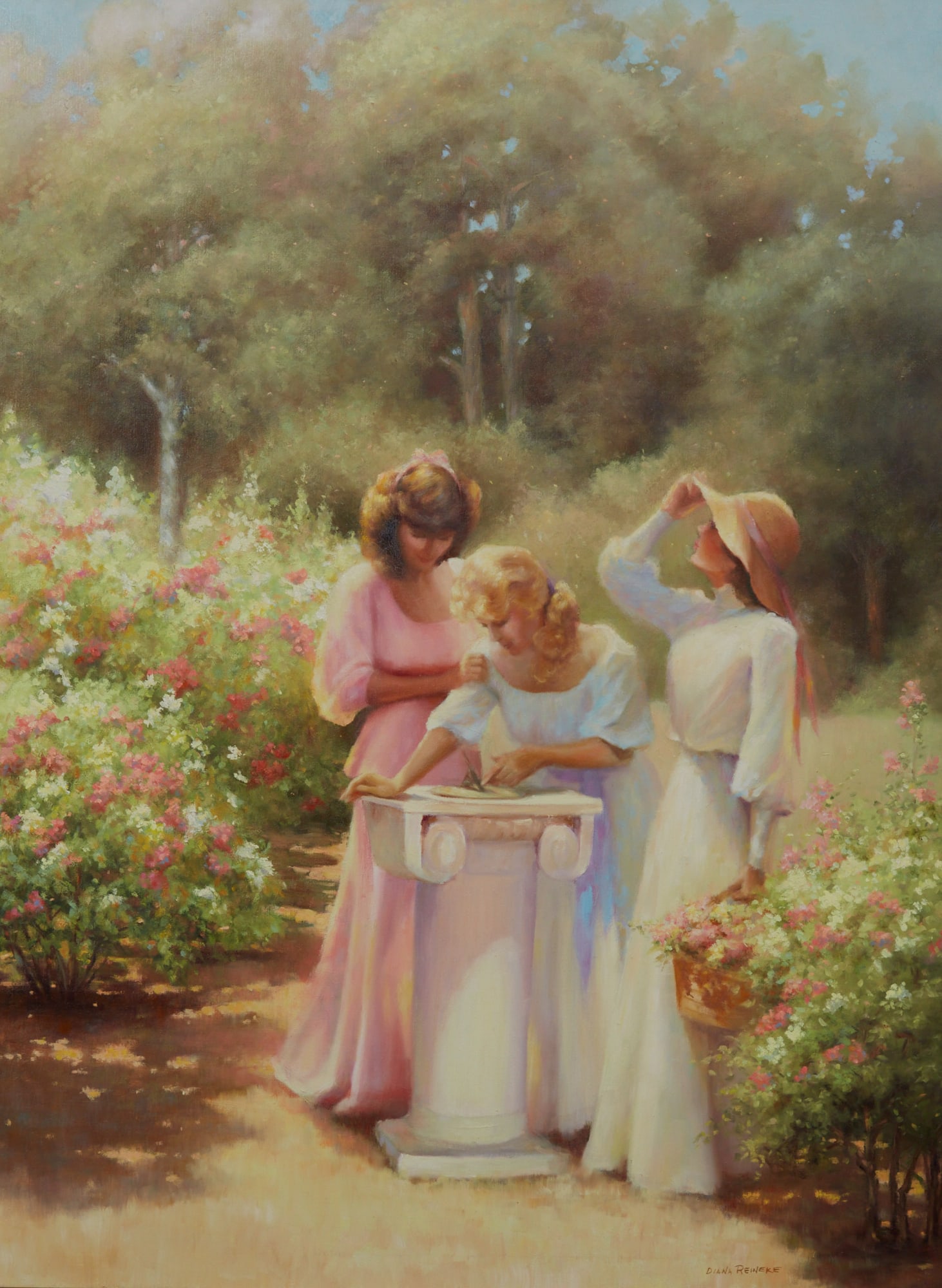 Diana Reineke (American, 1934 -2002), Magic of the Sundial, oil on canvas, 48 x 36in (122 x 91cm): Diana Reineke(American, 1934 -2002)Magic of the Sundialoil on canvassigned to lower right48 x 36in (122 x 91cm)