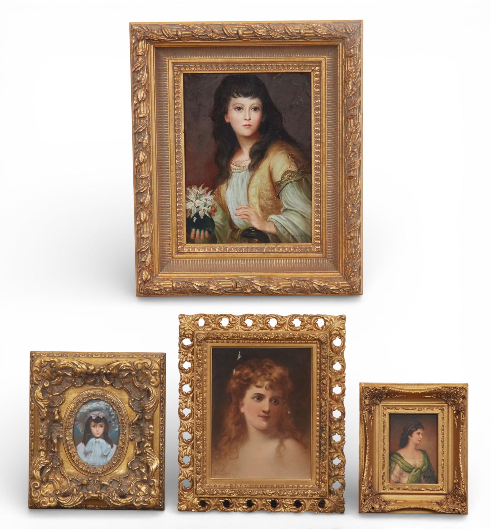 A group of four portrait paintings in gilt wood frames (1 of 7)